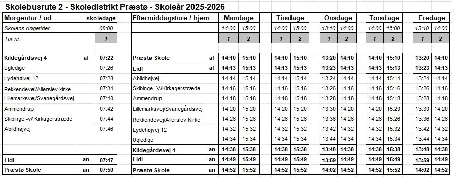 Køreplan for skolebusrute 2