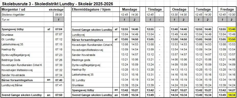 Køreplan for skolebusrute 3