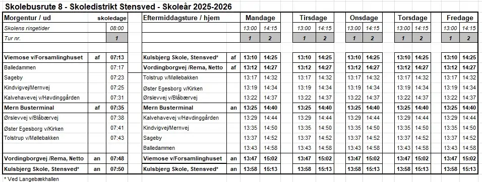 Køreplan for skolebusrute 8