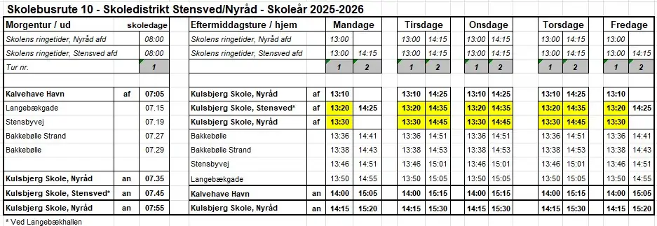 Køreplan for skolebusrute 10